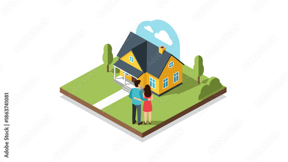 Fototapeta premium Isometric couple admiring new home in suburban landscape