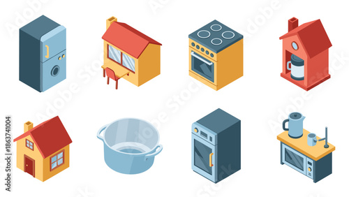 Isometric home appliances and furniture collection in bright colors