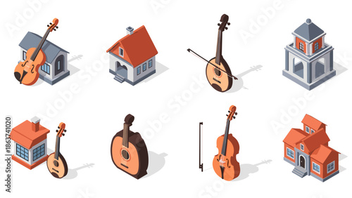 Isometric musical instruments and houses set with classic architecture