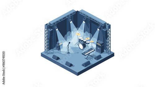 Isometric concert stage with musical instruments and lighting in blue tones