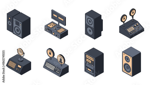 Set of isometric audio equipment icons for sound mixing and music production