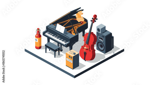 Isometric musical instruments with speakers and accessories on platform