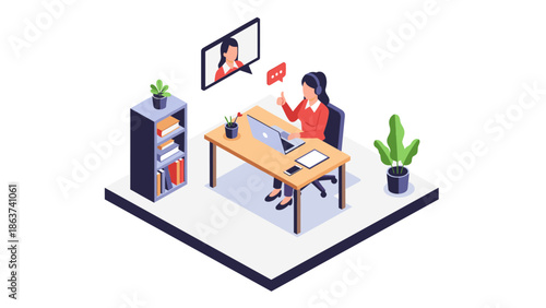 Woman remote working in isometric office setting with plants and laptop