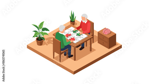 Elderly people engaging in puzzle game in cozy room setting