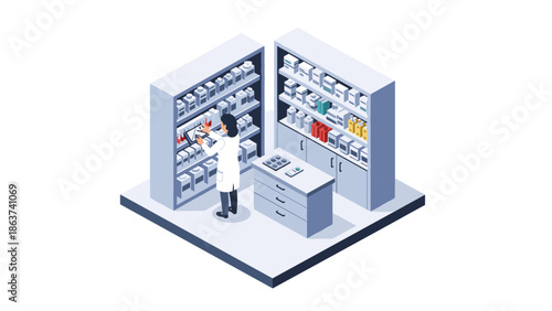 Isometric pharmacy interior with pharmacist organizing shelves in modern medical store