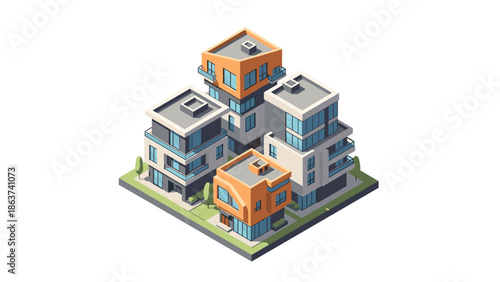 Modern isometric apartment complex with orange and gray structures
