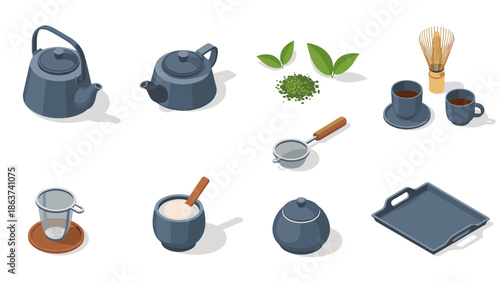 Essential elements for traditional tea brewing in isometric design