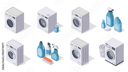 Isometric washers and detergents: modern laundry room essentials in soft colors