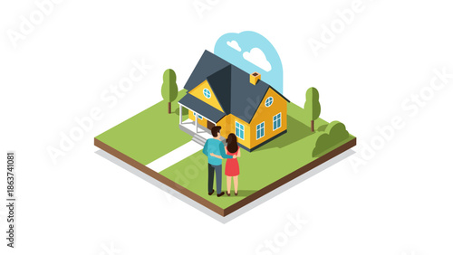 Isometric couple admiring new home in suburban landscape