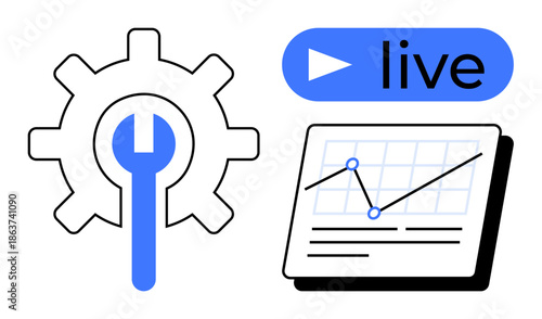 Gear with wrench signifies settings, live button for video streaming, and chart for data analysis. Ideal for technology, streaming, analytics, productivity, engineering, video and progress