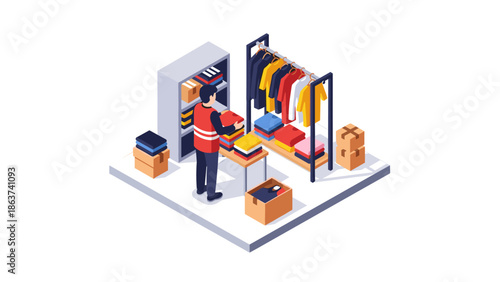 Isometric shopping scene with man organizing clothes in a store display