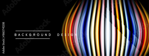 Abstract design features vibrant lines, curved shapes. Dark background emphasizes colorful central element. Modern, dynamic visual composition.
