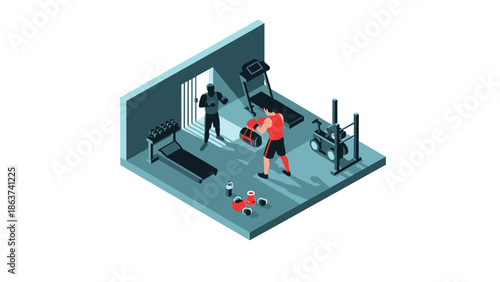 Isometric home gym scene with fitness equipment and two people exercising