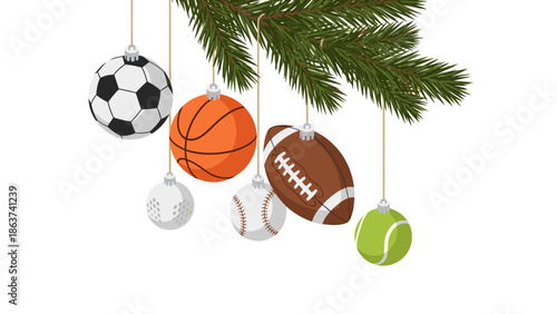 Festive sports-themed ornaments hanging from pine, featuring football and basketball designs