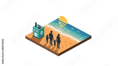 Family strolling on beach at sunset in isometric design