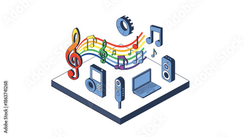 Isometric music technology: colorful 3d instruments and notes in digital harmony