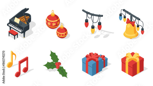 Isometric christmas decorations with musical elements on white background