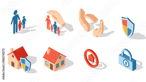 Isometric family safety concepts and home security icons