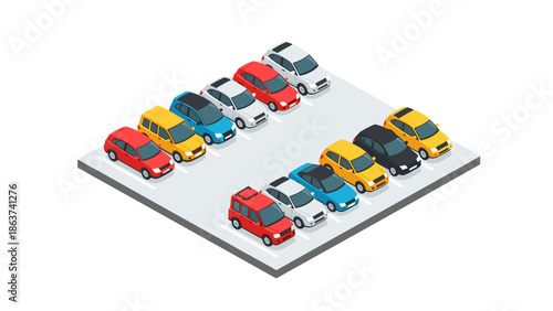 Isometric parking lot with colorful cars in a row on white background