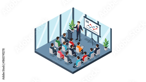 Isometric business presentation in modern office setting with diverse audience
