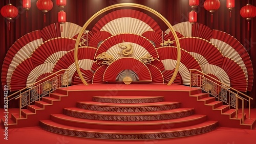 Elegant stage with red and gold decorations for celebrations and events