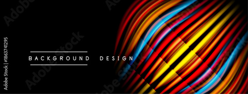 Abstract colorful lines over black background. Modern design element, vibrant texture, dynamic composition. Simple text labels present.