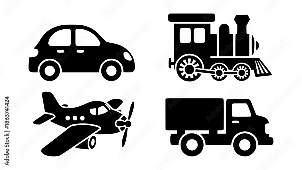 Naklejka premium Classic Transport Toy Set Featuring Small Passenger Car Steam Train Locomotive Propeller Airplane And Delivery Truck