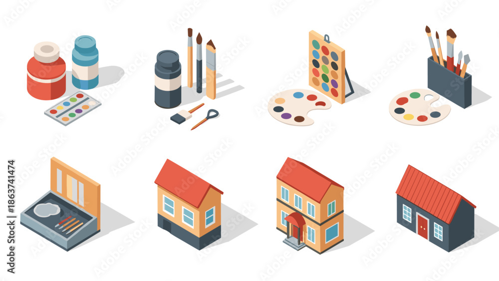 Obraz premium Isometric art supplies and building icons: creative tools and architecture set
