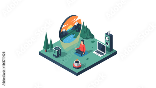 Isometric meditation scene with nature reflection and modern technology elements