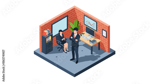 Modern isometric office with professionals analyzing data in a vibrant workspace