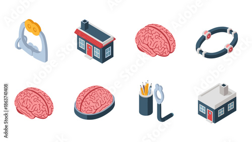Innovative isometric icons: brain, home, tools, and office supplies collection