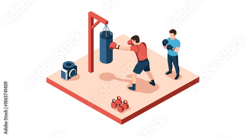 Two men practicing boxing in gym with punching bag in isometric design