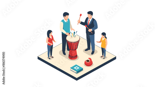 Isometric family drum session in music class with diverse participants