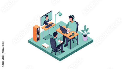 Isometric home office setup with remote team communication and virtual collaboration