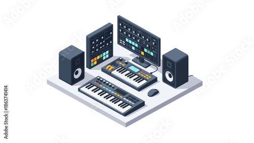 Isometric music production setup with synthesizers, monitors, and controllers