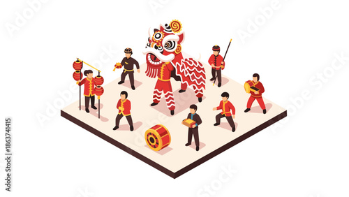Isometric lunar new year celebration with lion dance and musicians