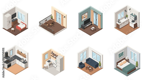 Compact isometric room designs highlighting modern interior layouts for apartments