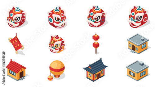 Isometric chinese new year elements with iconic dragon and lantern