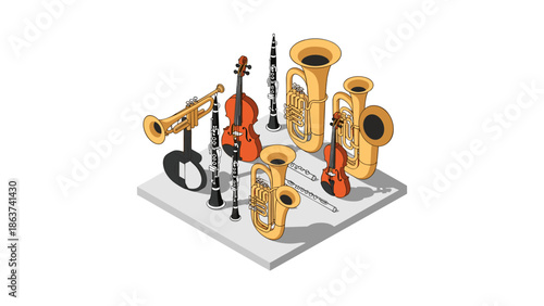 Isometric brass and woodwind musical instruments on white background