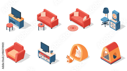 Isometric furniture and pet house set on white background