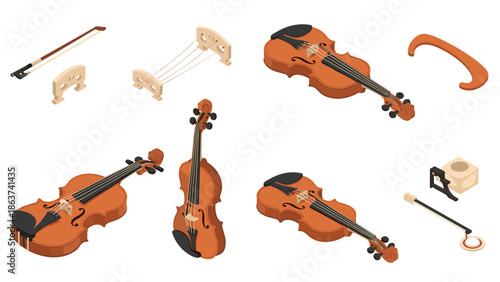 Isometric classical violin set with accessories on white background