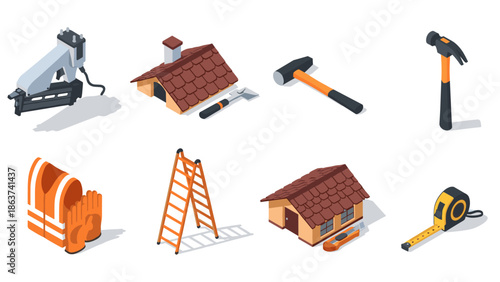 Isometric construction tools and equipment set featuring hammer, ladder, and roof elements