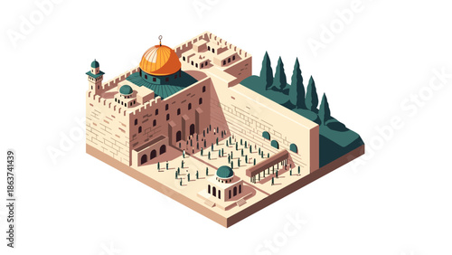 Isometric jerusalem cityscape with dome and western wall