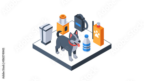 Isometric pet accessories and supplies with playful dog