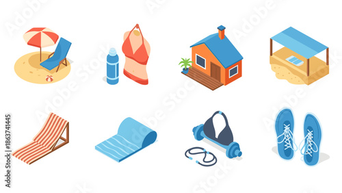 Isometric summer set: beach essentials, home, and fitness gear in flat design