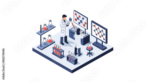 Isometric laboratory scene with scientists analyzing molecular structures