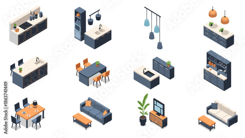 Modern isometric kitchen and living room furniture set with dining area and appliances