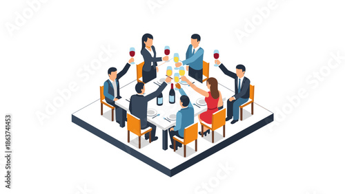 Business team toasting at formal dinner in isometric style