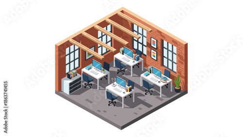 Modern office space in isometric design with desks and computers