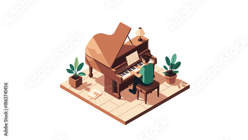 Isometric pianist in cozy room with grand piano and plants